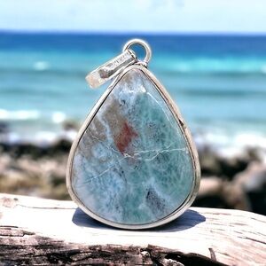 LARGE Larimar Natural Gemstone 925 Silver Pendant Necklace